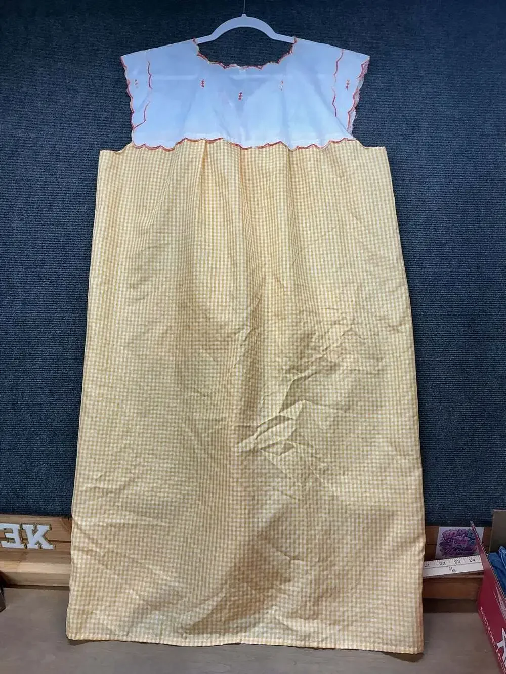 Vintage Traditional Embroidered Yellow Gingham Front-Fastening Apron Mandil